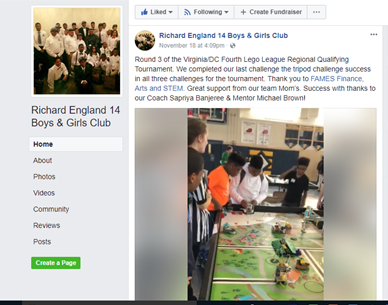 BGCGW RE #14 Facebook posts re: FIRST Lego league Tournament, November18, 2017